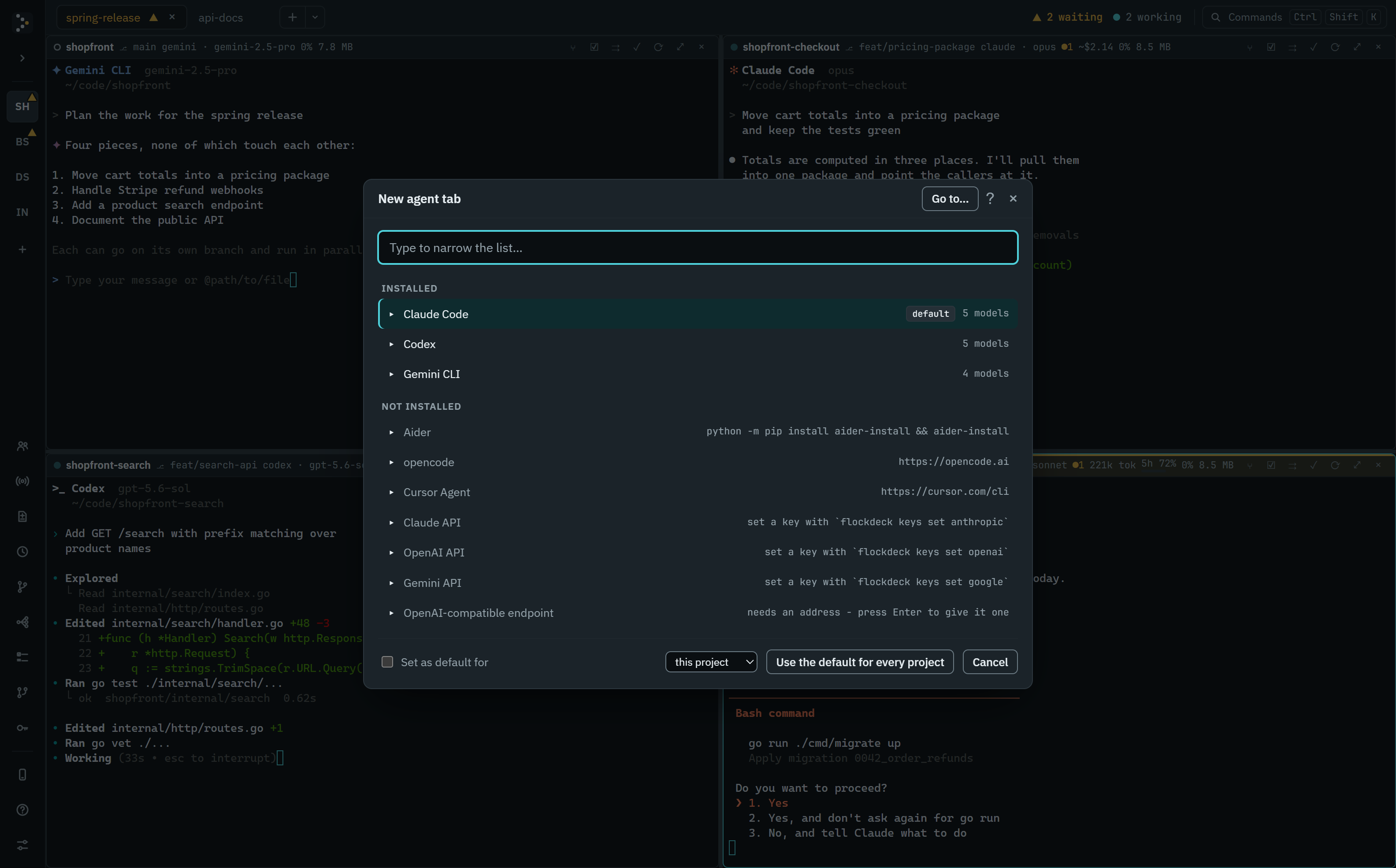 The New agent tab picker open over a window of running agents. Claude Code, marked as this project's default, Codex and Gemini CLI are listed as installed, with five, five and four models; Aider, opencode, Cursor Agent and the API agents are listed below them, each with how to set it up, and the OpenAI-compatible endpoint offers to take its address there and then. At its foot, a box makes the choice the default, for this project or for every project, beside a button that gives up this project's own default for the one every project uses.