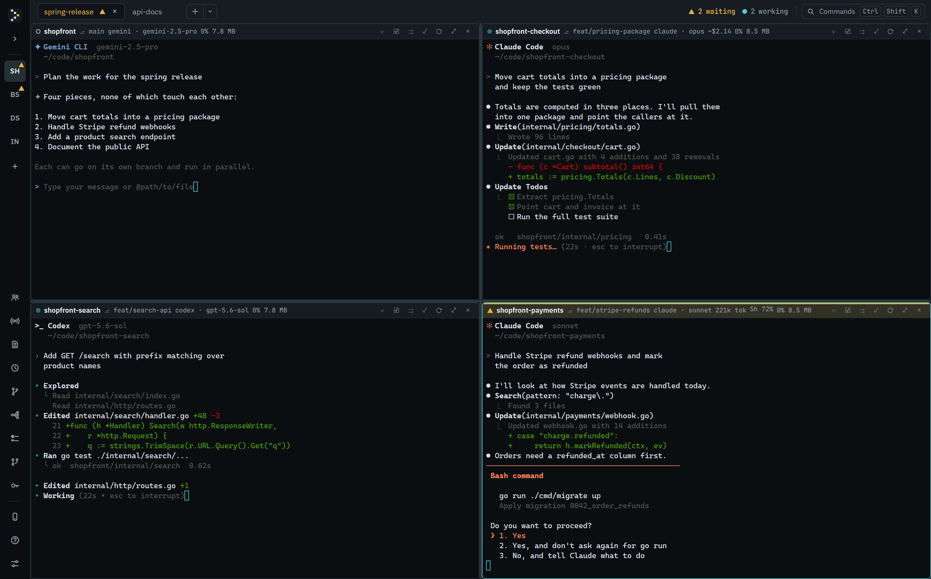 A Flockdeck window with four agents in a two-by-two grid, and a rail down the left listing four open projects, two of them badged amber because an agent in each is waiting. Gemini CLI has written a four-step plan, Claude Code is running tests on the pricing branch, Codex is adding a search endpoint, and a second Claude Code pane is highlighted in amber, waiting for permission to run a migration. The two Claude Code panes' headers show what they have spent: an estimated $2.14 for the one running tests, and 221k tokens for the waiting one, beside a small meter saying 72% of its five-hour limit is used.