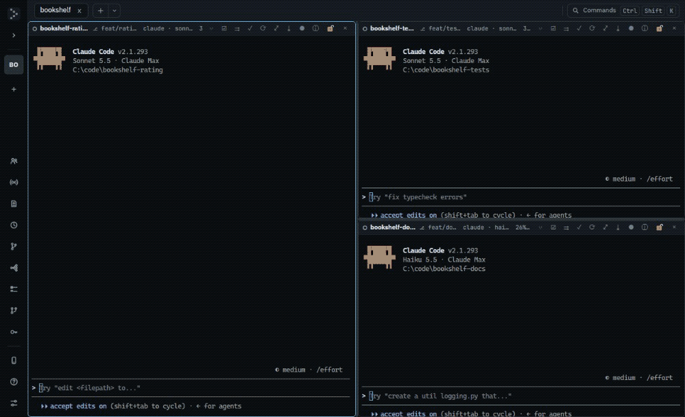 Three Claude Code agents in one Flockdeck window, each in its own git worktree on a small demo project. The conflict radar flags that two of them changed the same file, Pane info lists what names a pane, a baton hands one agent's work to a new agent, and the changes view commits a diff.