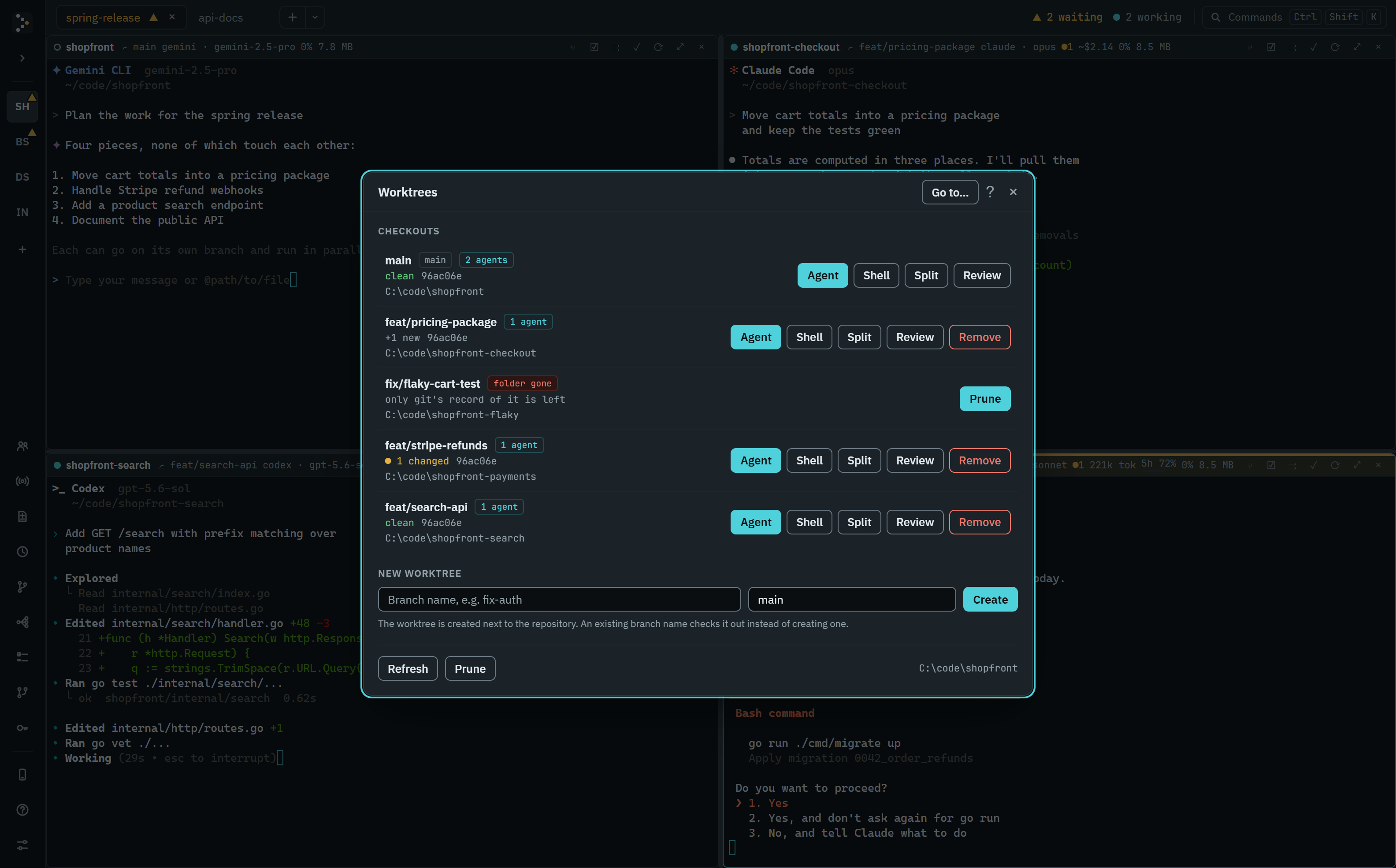 The Worktrees panel listing main and four other branches, each with its git status, the agents working in it, and buttons to open an agent, a shell, a split or a review there, or to remove it. One checkout's folder has been deleted, so it is marked folder gone and offers only Prune.
